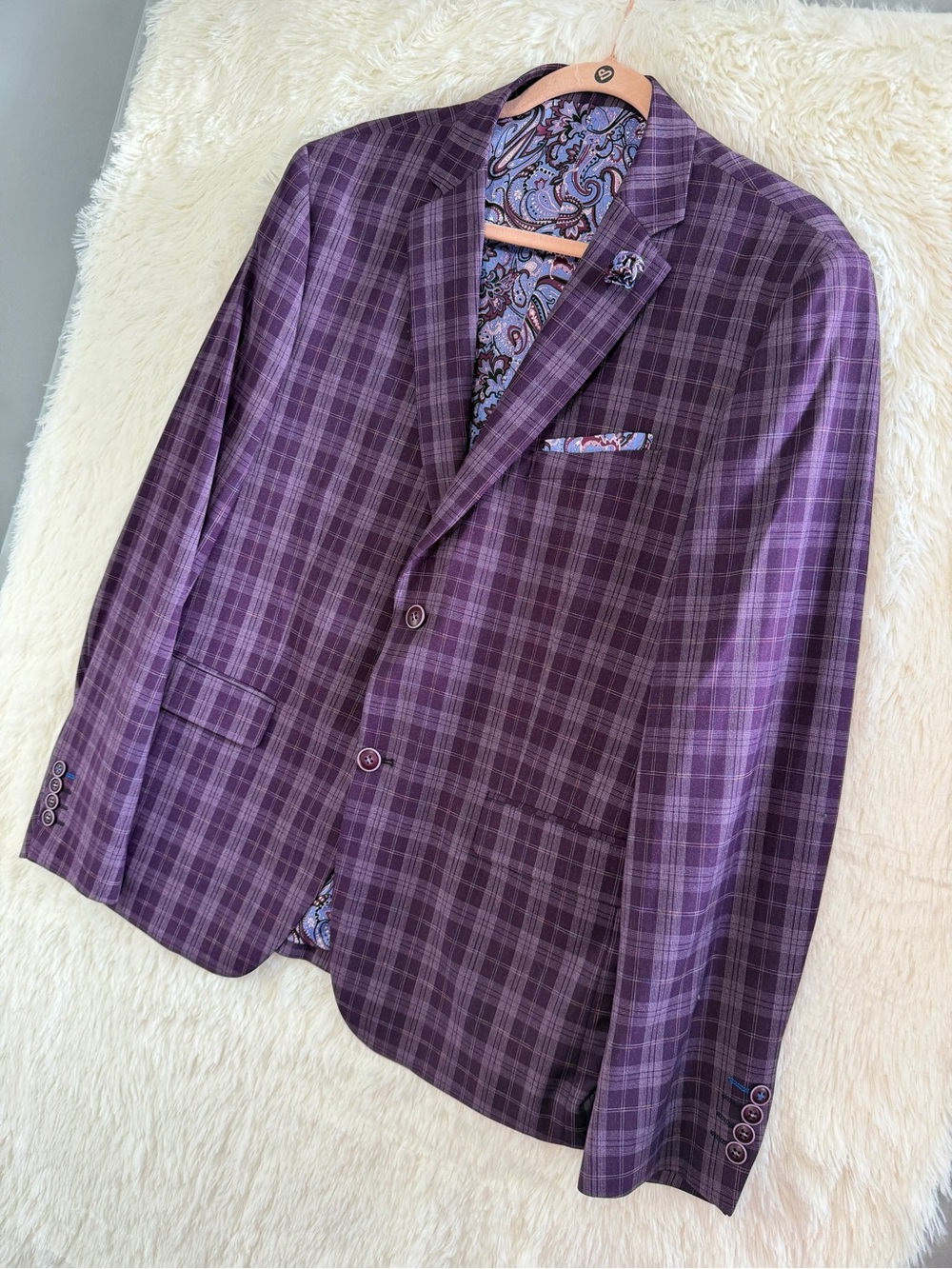 JH Mens Plaid Sports Coat Blazer Jacket 44R Purple Paisley Lining Prom Wedding